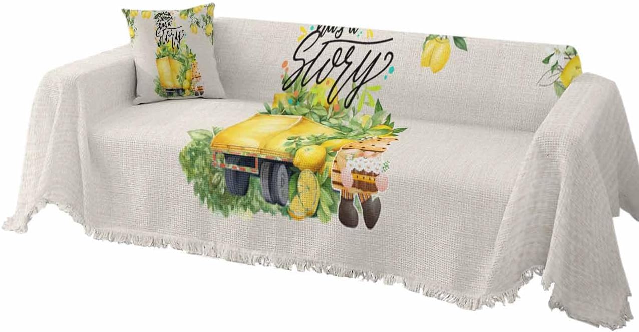 Lemon Yellow Sofa Cover Couch Covers for 3 Cushion Couch Throw Couch Cover with Tassel Soft Sofa Slipcover Summer Truck Gnome Tree Leaf on Beige Couch Furniture Protector for Dog Pet 71