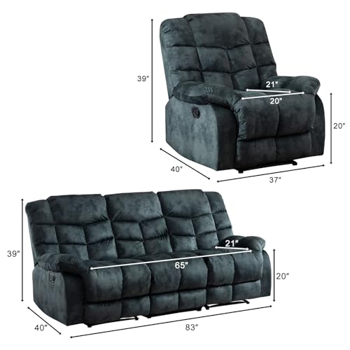 Manual Recliner Sofa Set, Soft Fabric Reclining Living Room Set, Included Single Recliner Chair and 3PC Bonded Manual Recliner Sofa, Gray(Recliner+Sofa)