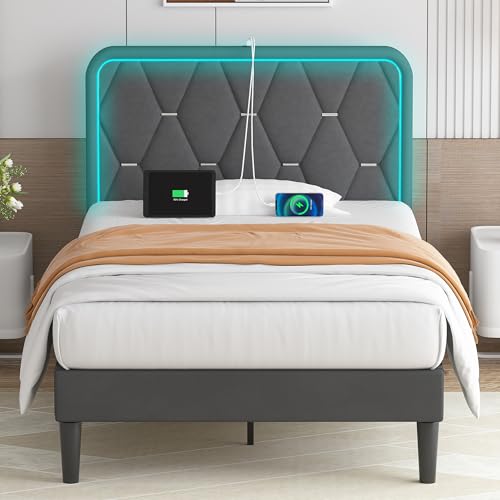 VECELO Upholstered Full Bed Frame with Headboard Adjustable, Velvet Platform Bed with LED Lights, Charging Station, Mattress Foundation with Wooden Slats, Noise Free, No Box Spring Needed, Grey