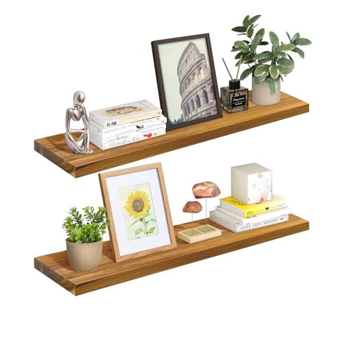 ILOT Teak Wood Floating Shelves Perfect for Bathroom Décor Pack of 2 Wooden Wall Shelves for Bedroom Living Room Kitchen Simple Minimalist Home Décor 36” x 6.7”