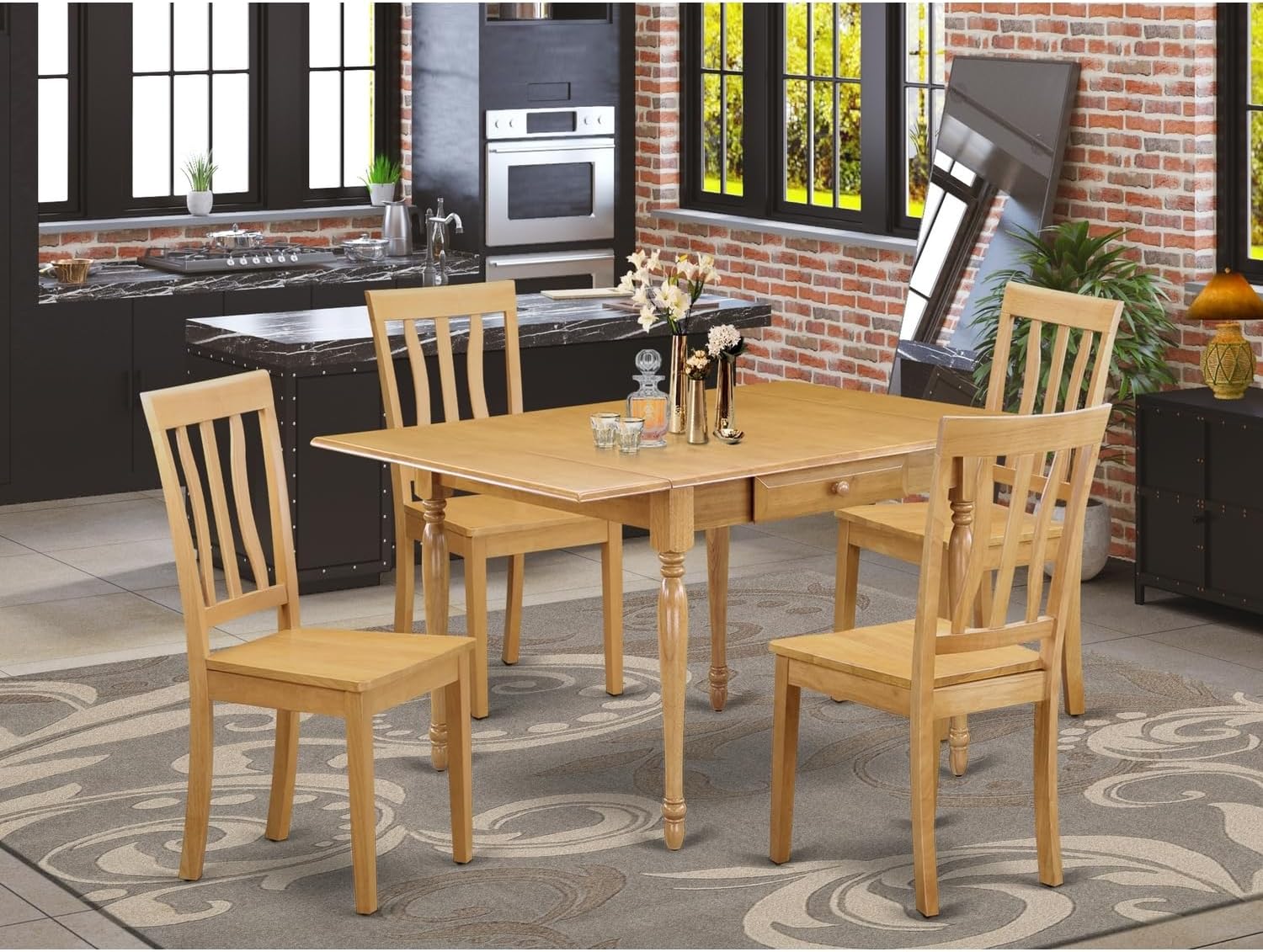 Island Oasis 5Pc Modern Dining Table Set Offers A Small Table and 4 Wood Dining Chairs with Solid Wood Seat, Drop Leaf Table with Slat Back Chairs, Oak Finish