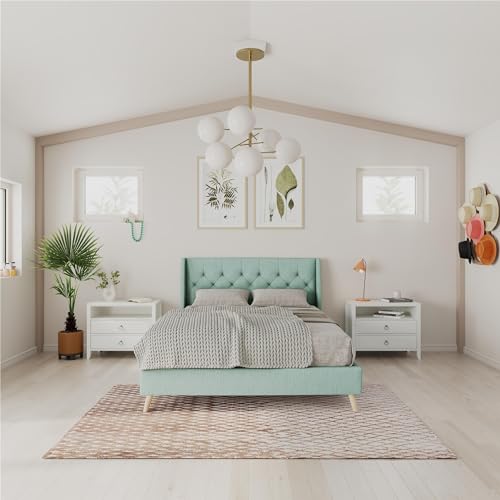 Novogratz Her Majesty Upholstered Linen Bed, Tufted Wingback Design and Wooden Legs, Queen Size - Grey Linen