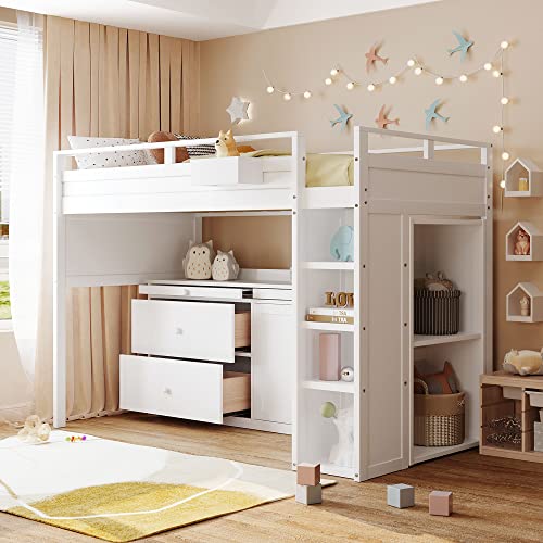 Twin Over Twin Floor Bunk Bed with Slide and Storage Stairs w/Drawers, Wooden Low Bunkbeds with Ladder and Guardrails, L-Shaped Design, for Kids Teens Bedroom, Gray