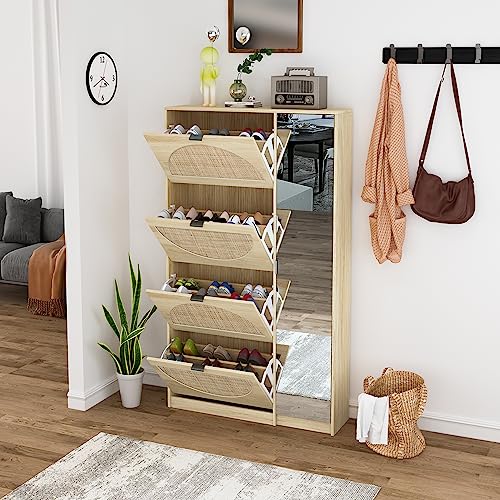 Natural Rattan Shoe Cabinet,Modern simple storage cabinet Japanese rattan Shoe cabinet,Freestanding Shoe Rack with Mirror Cabinet, for Entryway, Entrance Hallway, Living Room, Oak (Shoe Cabinet-white)