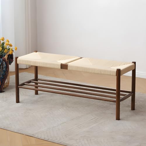 LITFAD Entryway Bench Simple Style Rectangular Shoe Changing Bench with Shoe Storage Solid Wood Braided Rope Bench for Foyer Fitting Room - Natural Wood 23.5