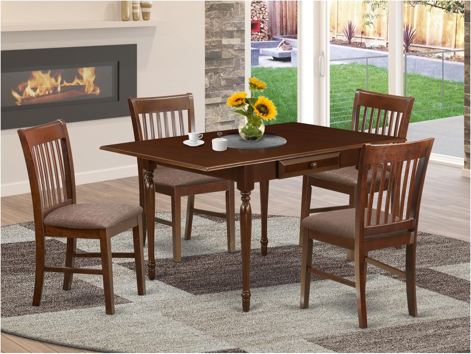 Art Deco Dreams 5 Pieces Dining Room Table Set - Robust Two 9-Inch Drop Down Leaves Real Wood Dinette Table and 4 Chocolate Linen Fabic Seat Wooden Dining Chairs, Mahogany Finish