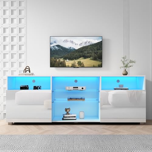 SUSSURRO LED TV Stand for 75/80 inch TV, Television Table Center Media Console with Drawer and Led Lights, High Glossy Modern Entertainment Center for Living Game Room Bedroom, Black