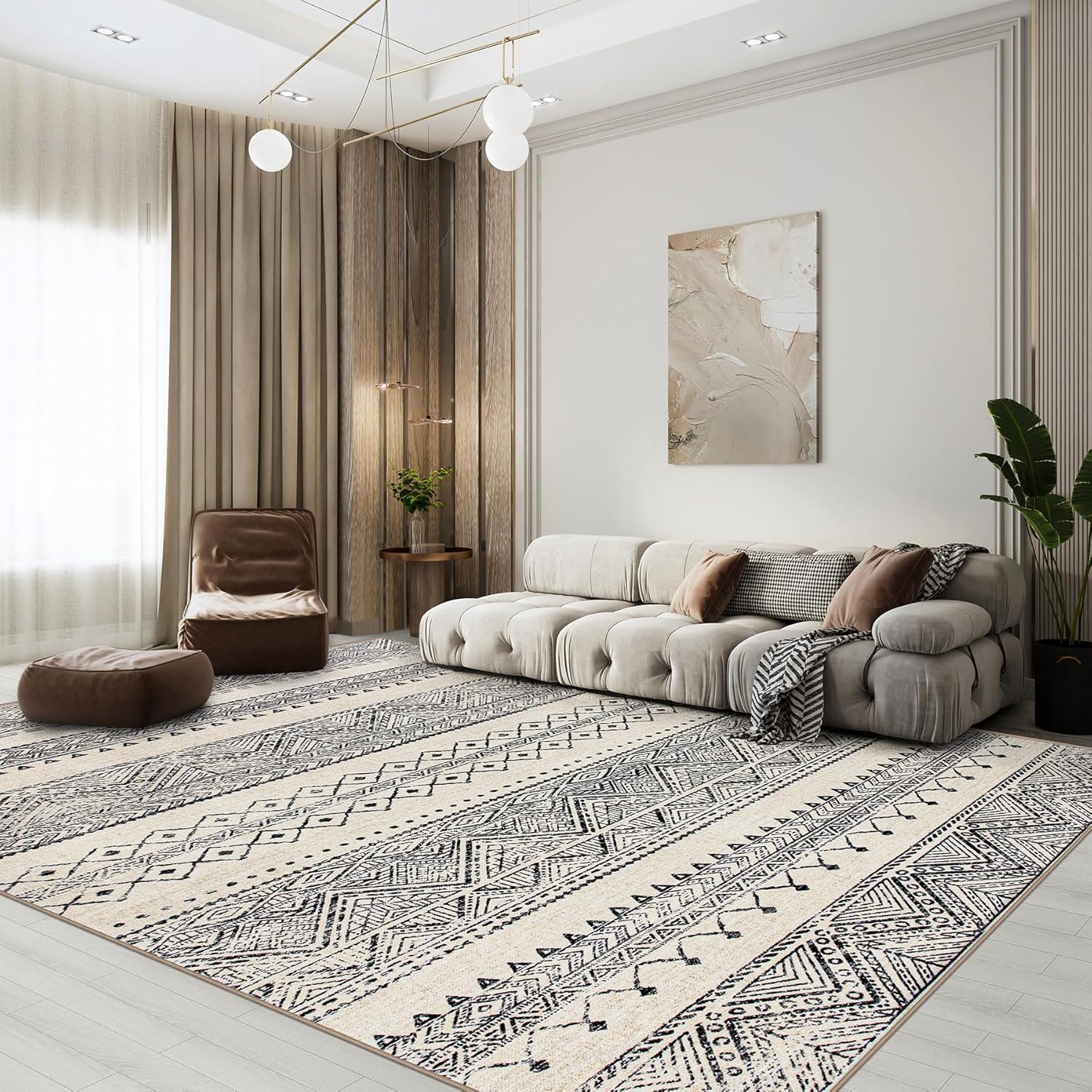 8x10 Area Rugs Living Room Rugs: Large Machine Washable Rug with Non-Slip Backing Non Shedding Stain Resistant, Soft Geometric Moroccan Carpet for Dining Room Nursery Home Office - Deep Gray/Cream