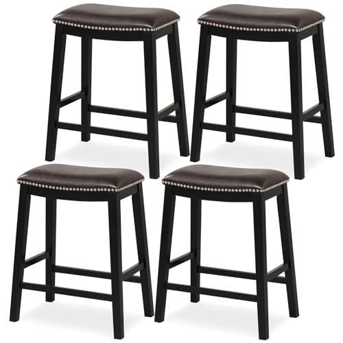 ERGOMASTER Bar Stools Set of 2, 26 Inch Counter Height Backless Saddle Stools, Solid Wood Legs with Leather Upholstered Seat for Kitchen Island and Living Room, White + Grey