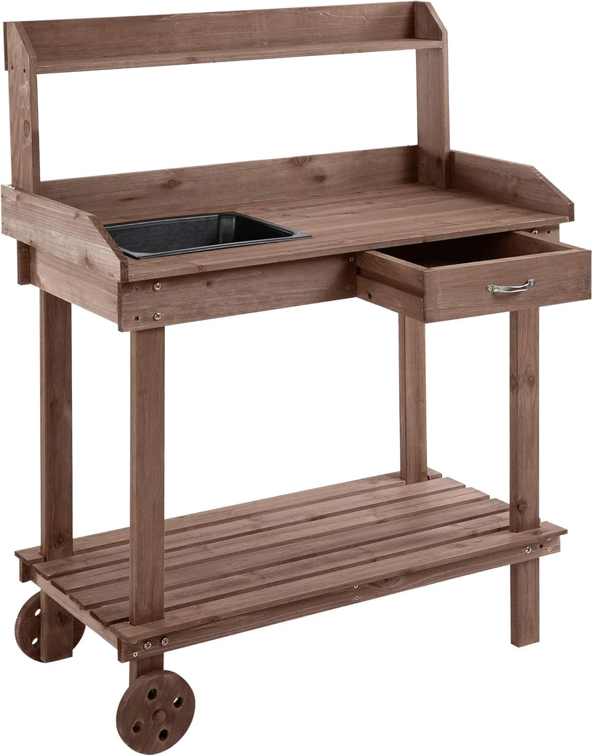 36'' Wooden Potting Bench Work Table with 2 Removable Wheels, Sink, Drawer & Large Storage Spaces, Brown