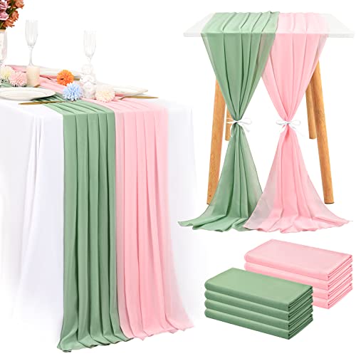 8 Pieces Chiffon Table Runner 10Ft, 27x120 Inch Campsite & Sage Green Sheer Wedding Decorations Boho Table Runner for Wedding Rustic Boho Wedding Party Decor Bridal Shower Birthday Holiday Decoration