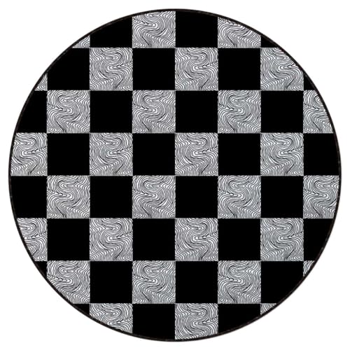 Black and White Round mat Washable Desk Chair Mats Low-Pile Carpet for Rolling Chair Decorative Round Rug Multi-Purpose Floor Mat Curvy Lines Modern Mosaic Diameter 47.2 in