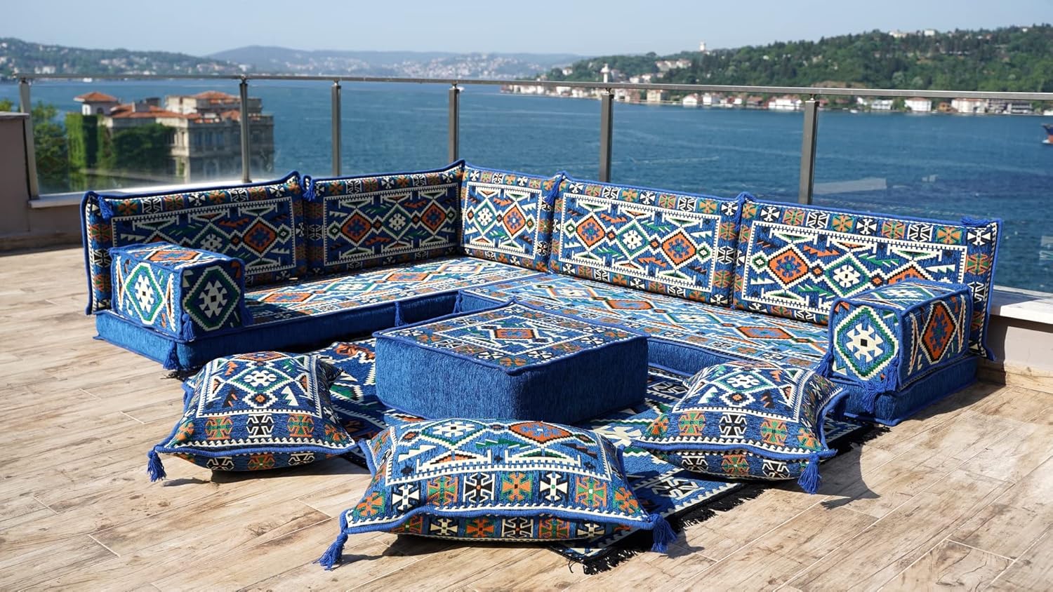 L Shaped Floor Sofa, Moroccan Rug, Sectional Sofas, Arabic Majlis, Seat Cushion, Patio Furniture, Modular Sofa, Ottoman Couch (4'' Thickness Sofa, L Sofa Full Set, Royal Blue)