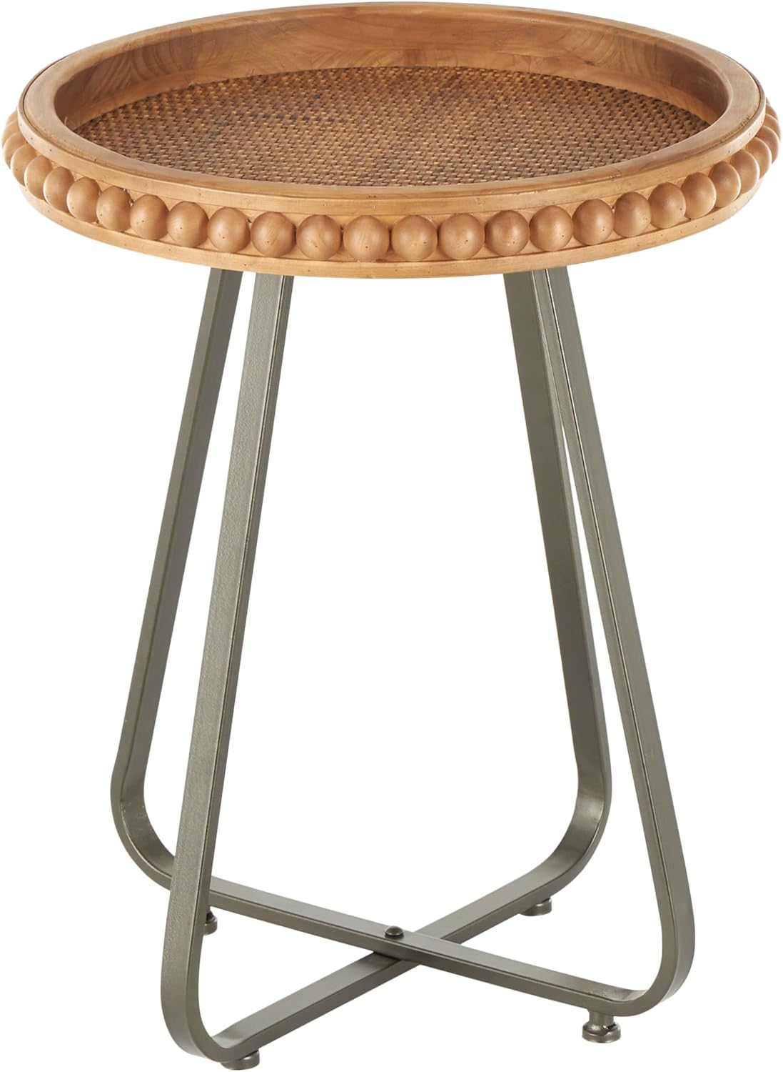 Deco 79 Wood Side End Accent Table Beaded End Table with Rounded Gray Metal Base and Rattan Accent, Side Table 17