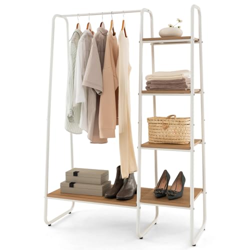 Giantex Clothes Rack with Shelves, Garment Rack with 5-Tier Shelves, Heavy Duty Clothing Rack with Hanging Rod, Freestanding Modern Closet Storage Organizer (White)