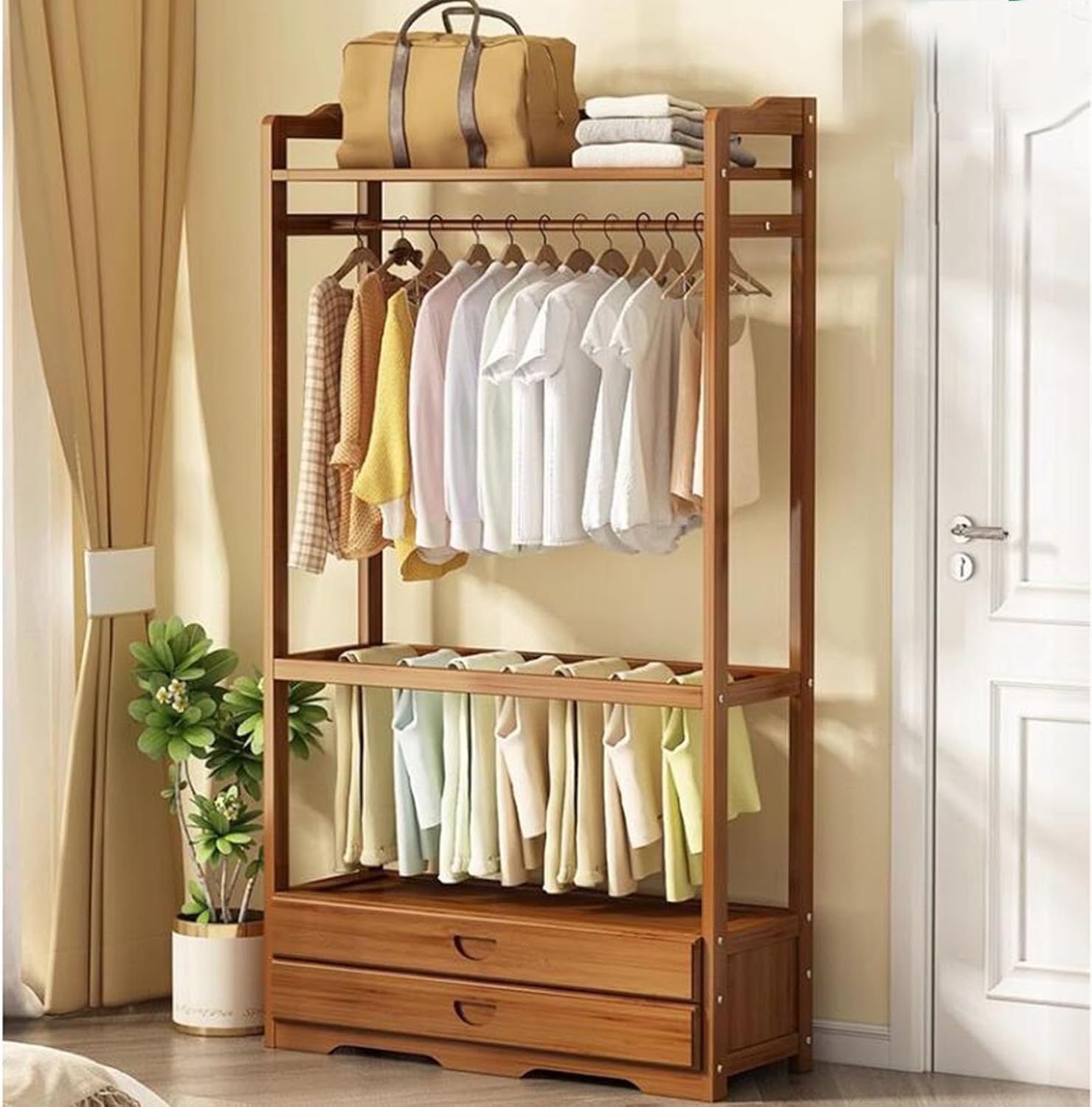 Coat Rack Bamboo Coat Rack Stand Freestanding with Dresses Pants Hang Area, 2 Drawer Private Item and Top Organizer Shelf, Hall Tree for Bedroom Office Entryway Corner
