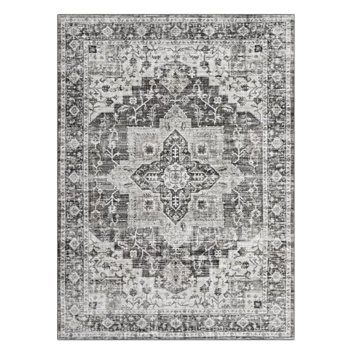 8x10 Area Rug Machine Washable Rug Traditional Distressed Rug Indoor Floor Cover Vintage Medallion Carpet Rug Stain Resistant Non-Slip Accent Rug for Living Room Bedroom, Blue