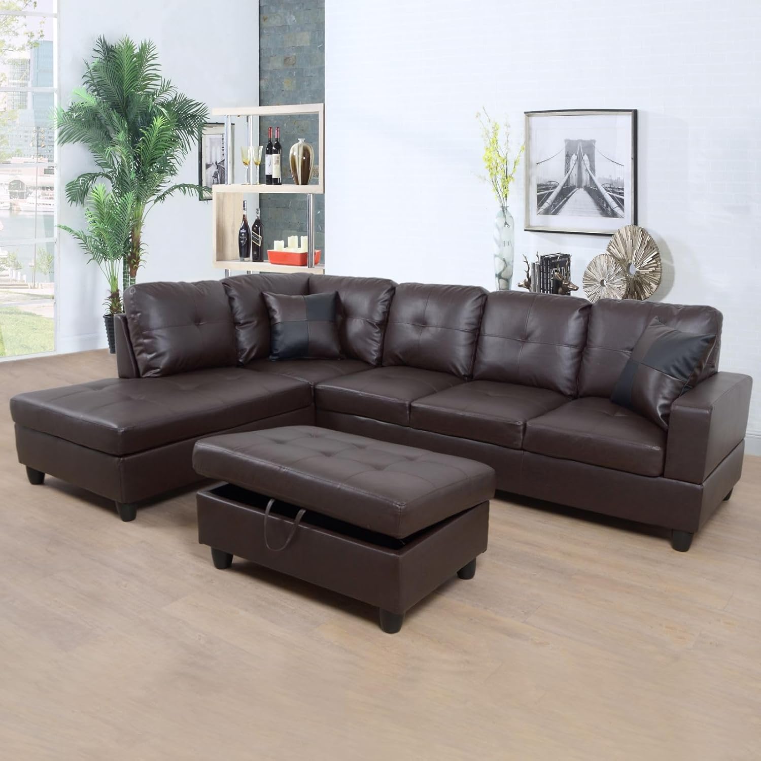 Couch Faux Leather 3-Piece L-Shape Sectional Sofa Set with Storage Ottoman,Left-Facing Recliner and 2 Pillows,Brown
