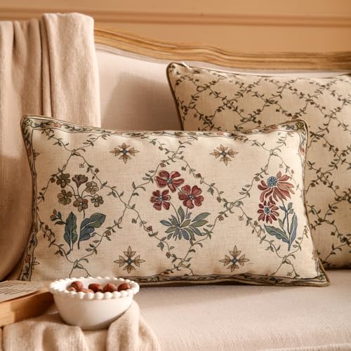 Designer Throw Pillow Covers Set of 2,Square Euro Retro Style Light Brown Linen with Floral Pattern Pillow Cover,Decorative Pillowcases Cushion for Bed Living Room Outdoor Car,18