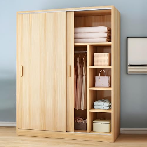 LITFAD Mutil-Functional Wood Wardrobe Modern Storage Armoire Closet with Sliding Doors Freestanding Closet with Shelves and Clothing Rods for Bedroom,White-39.5