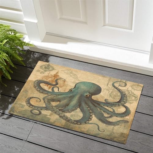Coir Fiber Welcome Mats for Front Door 16x24in Ocean Beach Nautical Theme Octopus Decorative Floor Doormat Blue Texture Seascape Coastal Entry Door Rugs Traffic Guard Home Décor for Front Door Outside