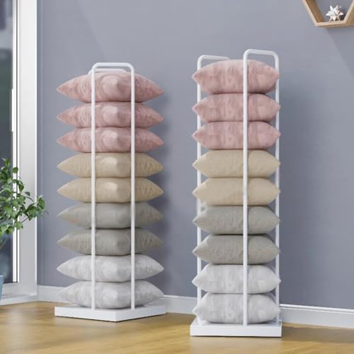 Freestanding Pillow Display Rack for Retail, Pillow Storage Rack with Universal Wheels, Commercial Home Organizer Cart, White Metal Steel Frame (Color : White, Size : 40x40x160cm)
