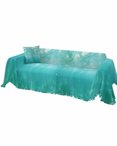Ocean Teal Green Sofa Cover Couch Covers for 3 Cushion Couch Throw Couch Cover with Tassel Soft Sofa Slipcover Summer Seawater Couch Furniture Protector for Dog Pet 71