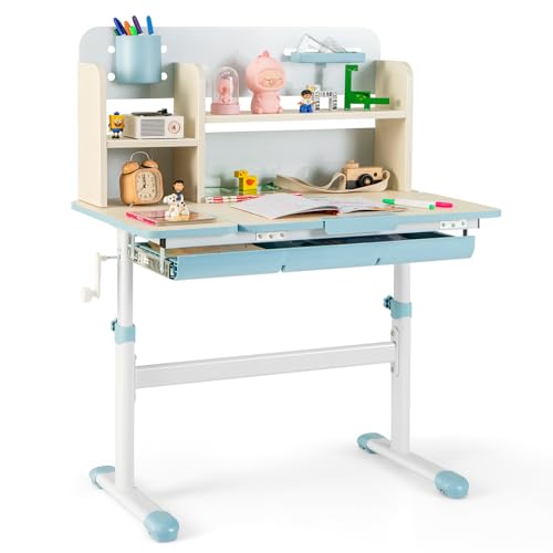 Costzon Kids Study Desk, Height Adjustable Children School Desk with Storage, Tilt Desktop, Pen Holder & Scale Ruler, Student Computer Desk Writing Table for Home School Use, Desk for Kids (Blue)