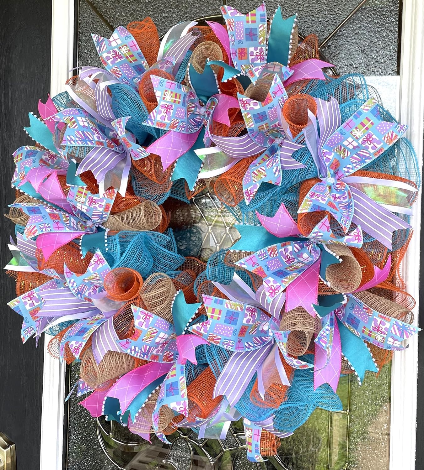Beautiful Birthday or Baby Shower Wreath Present Gift Ribbon Deco Mesh Front Door Wreath Home Holiday Decor Fun Festive Indoor Outdoor, Porch Patio Decoration