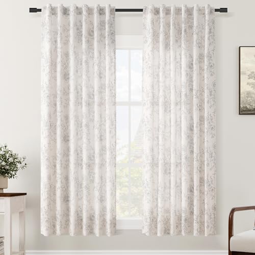 Vintage Floral Curtains 102 inches Long for Living Room Grey Patterned Curtains Sketch Print Burlap Textured Farmhouse Country Curtains Shabby Chic Back Tab Linen Floral Drapes for bedroom 102 Length