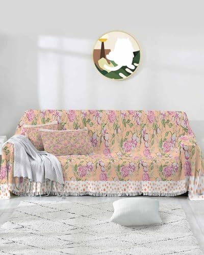 Floral Pink Cover Couch Covers for 3-4 Cushion Couch Throw Couch Cover with Tassel Soft Slipcover Watercolor Flowers Leaf Dot Texture Orange White Couch Furniture Protector for Dog Pet 71