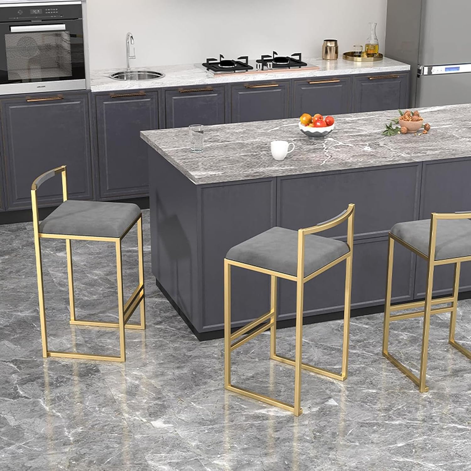 QINGYANG Velvet Bar Stool, Modern Upholstered Tall Stool Bar Chair, Kitchen Island Dining Stools for Home & Commercial Use, Hollow Backrest and Gold Footrest, 2Pcs