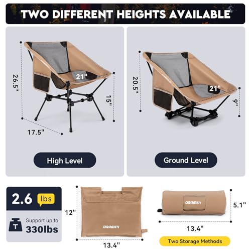 Folding Camping Chairs with Adjustable Height, 2-Way Foldable Backpacking Chair 330lbs Heavy Duty, Portable Camp Chair Lightweight Compact for Outdoor, Hiking Picnic Beach, Black