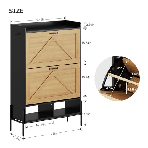 Shoe Cabinet with 4 Flip Drawers, Farmhouse Shoe Storage Cabinet with Adjustable Shelves and Anti-Tipping Device, Narrow Slim Shoe Rack, Freestanding Shoe Organizer for Entryway, Living Room (Black)
