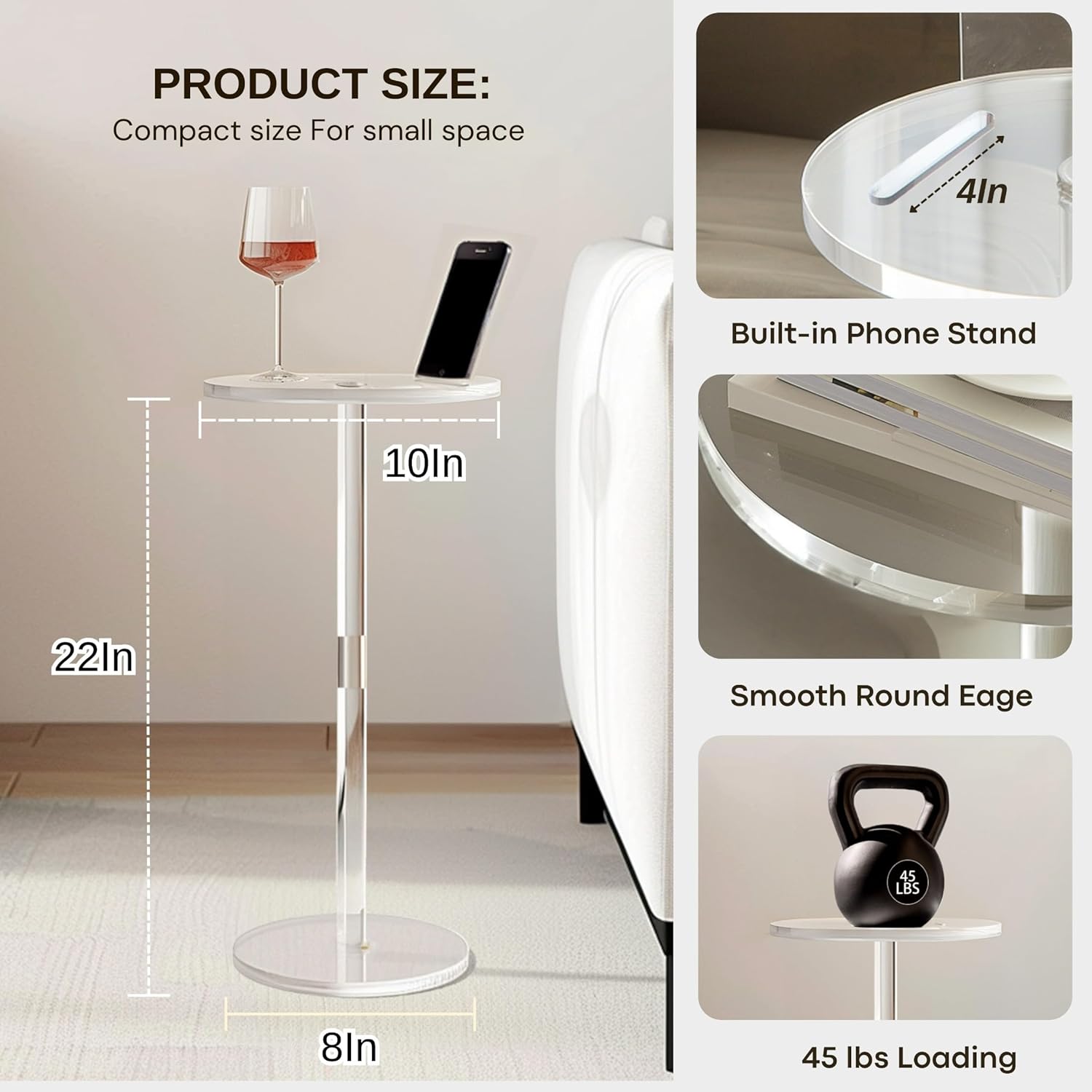 Acrylic Drink Table – Small Pedestal Side Table with Phone Holder, Round End Table 2024 Upgraded for Small Spaces, Modern Martini & Cocktail Table for Living Room, Sturdy & Easy Assembly, Clear