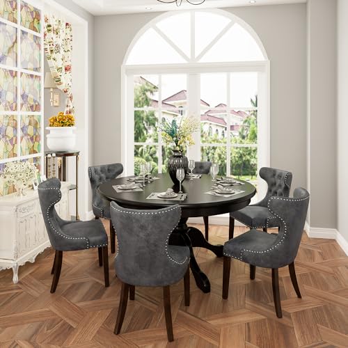 Set of 6 Upholstered Dining Chairs, High-end Dining Chairs with Nailhead Trim and Wing Back, Luxury Style Solid Wood Dining Chairs for Kitchen/Bedroom, Carbon Gray Fabric, CY-MJR-DK