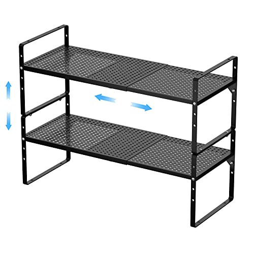Expandable Kitchen Cabinet Shelf Organizer 2 Pack, Stackable Metal Pantry Storage Shelves, Adjustable Counter Shelf Organizer Rack for Kitchen Cabinets, Cupboard, Countertop, Closet, White