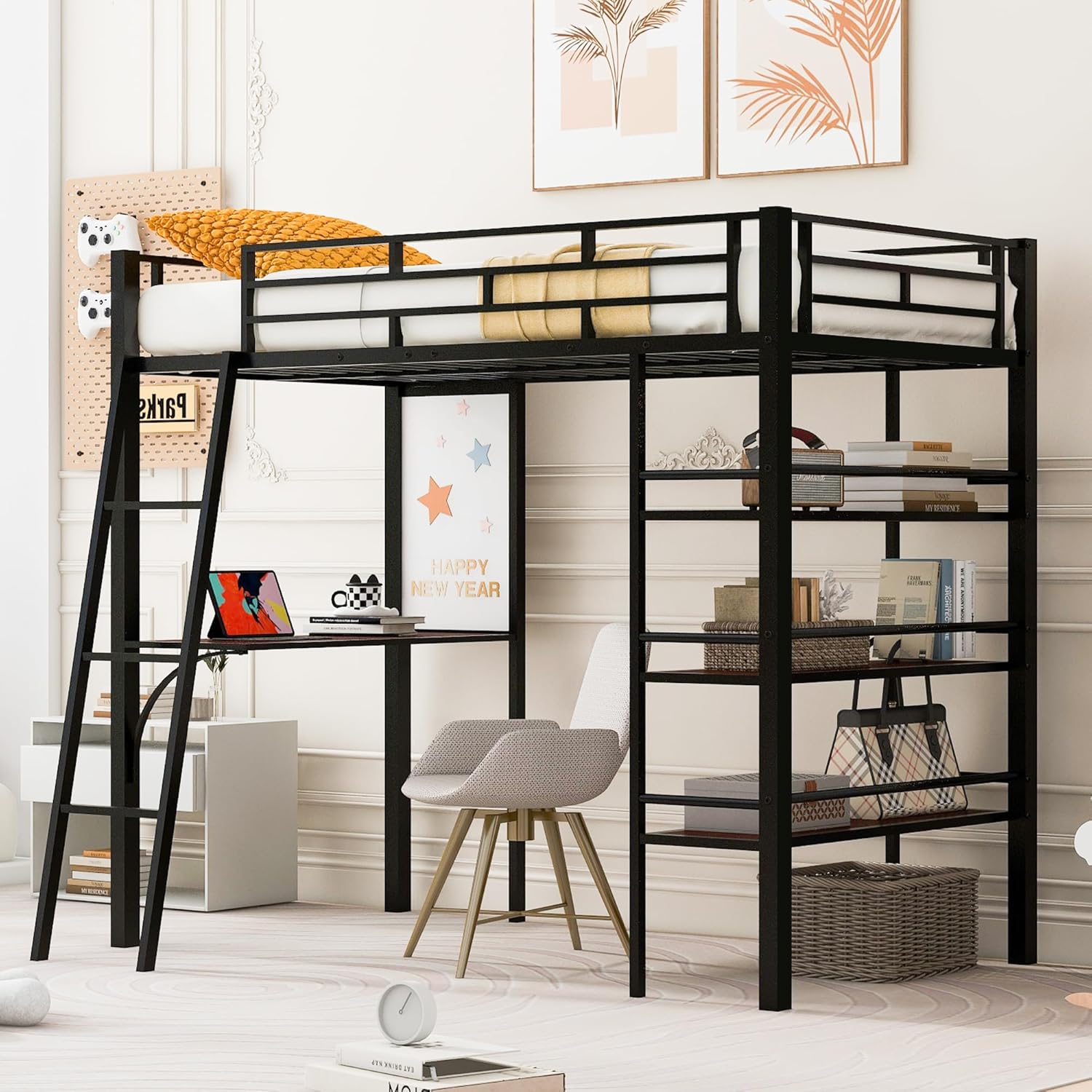 Twin Size Loft Bed Metal with Desk and Storage Shelves, with 3 Layers, Space Saving with Underneath and Whiteboard, High Loft Bed for Junior & Teens