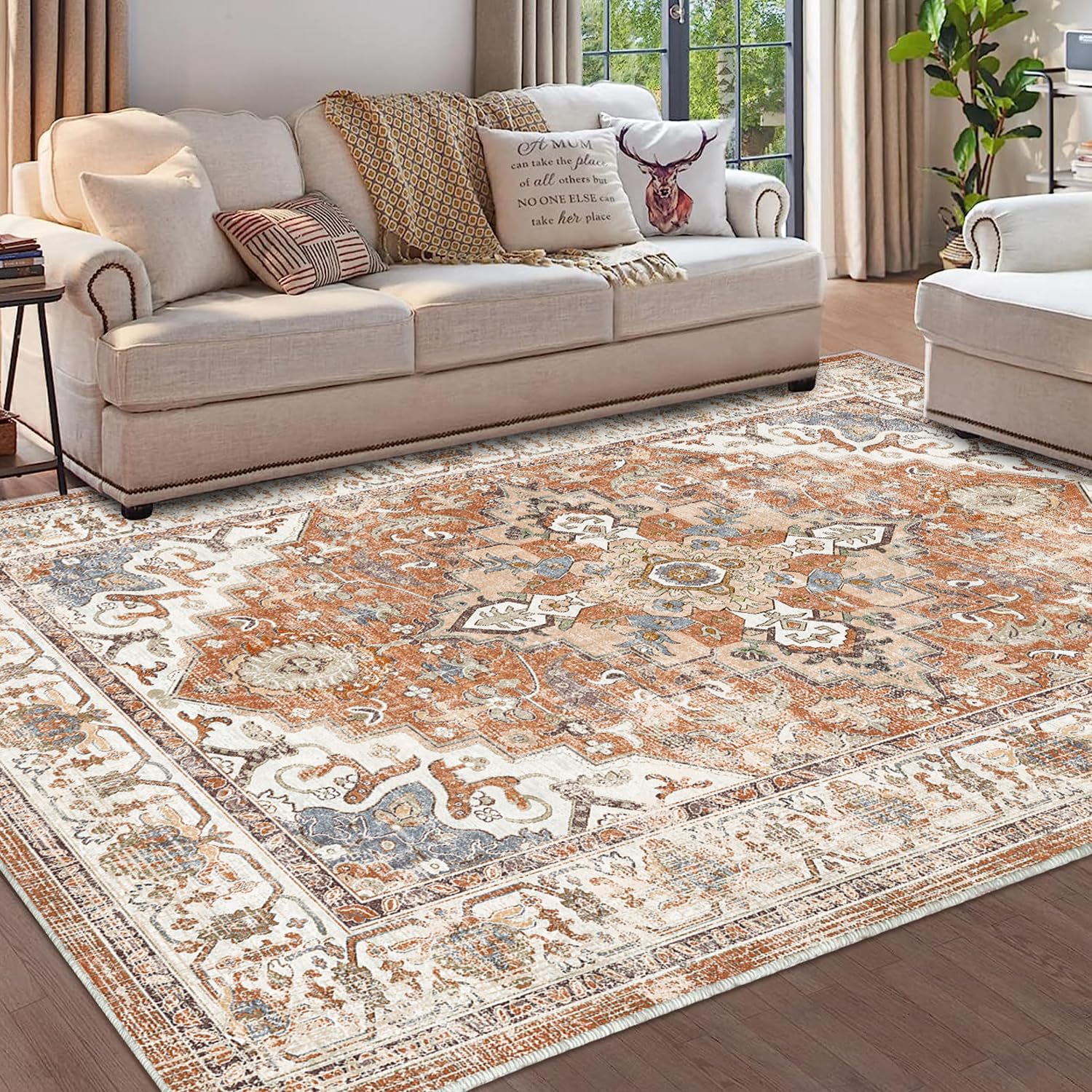 5x7 Area Rugs - Machine Washable Area Rugs 5x7 for Living Room, Soft Washable Rugs 5x7, Non-Slip Washable Area Rug, Stain Resistant Boho Low Pile Thin washable rug 5x7