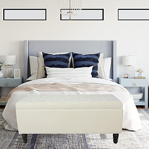 Babion Storage Bench for Bedroom End of Bed, Velvet Ottoman Bench with 2pcs Foot Rest, Storage Bench with Button Tufted, End of Bed Bench for Bedroom Living Room, Bench Beige