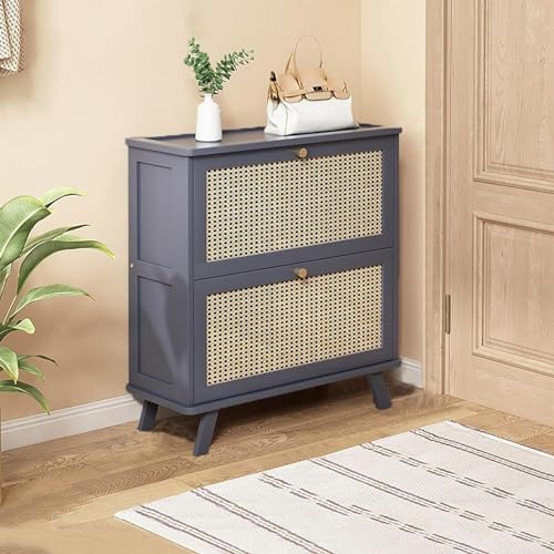 Shoe Storage Cabinet For Entryway, Rattan Slim Shoe Storage, 1/2/3 Flip Drawer Shoe Cabinet Rattan Shoe Cabinet Organizer Freestanding Wooden Shoe Rack Storage Cabinet For Entryway Hallway Bedroom(Col