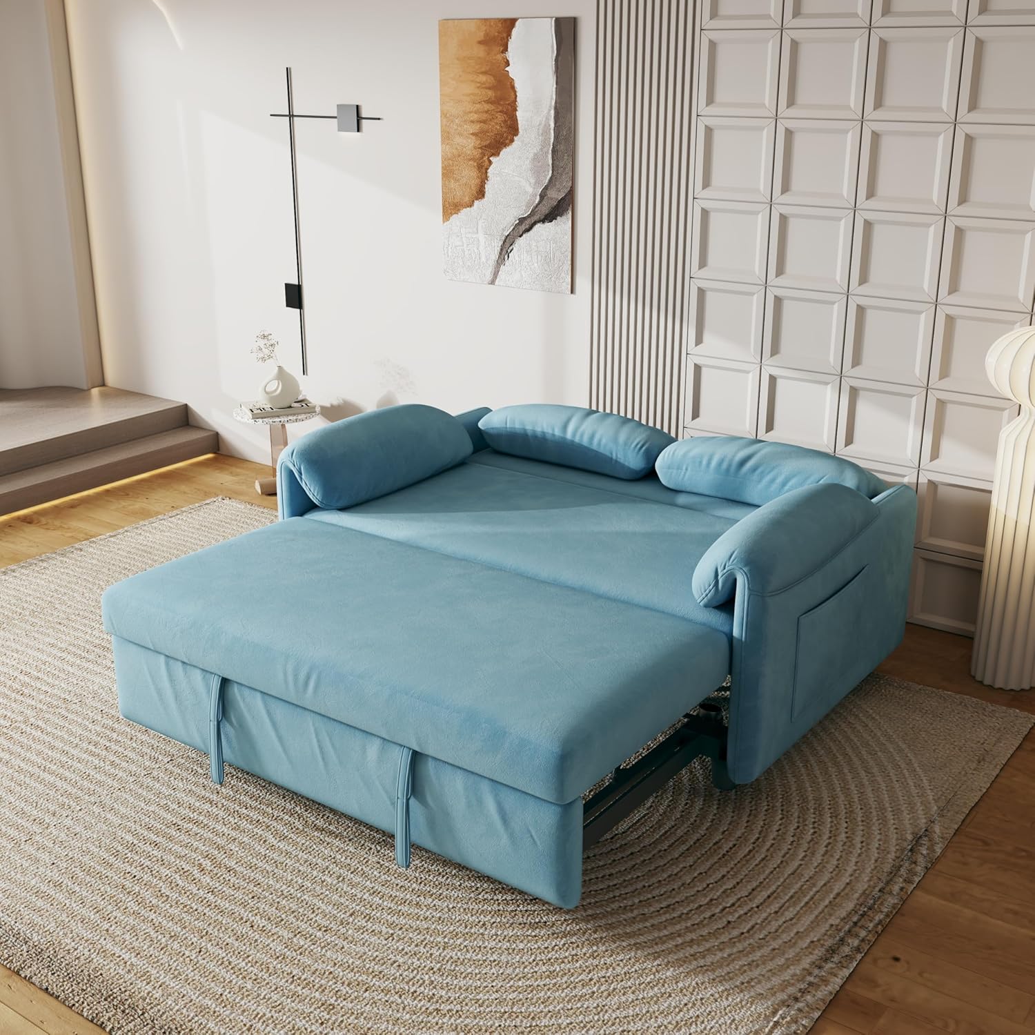 Convertible Sleeper Sofa with Pullout Bed, Upholstered Velvet Mini Couch w/Adjsutable Backrest & Side Pockets, 54