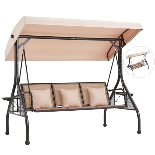 HOMREST 3 Seat Outdoor Porch Swing,Adjustable Canopy Porch Swings,Outdoor Swing with Stand, Patio Glider Chair with Thicken Cushions,Pillow & Cup Holder(Brown)
