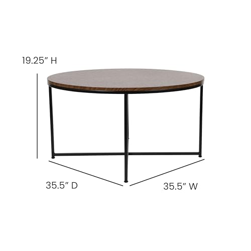 Merrick Lane Fairdale Glass Coffee Table - Clear Top with Matt Black Frame - Round Frame Design - Cross Brace Frame