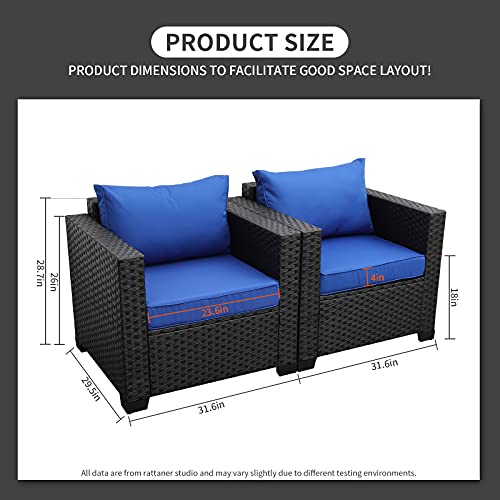 Rattaner Patio Single Sofa Chairs Outdoor Chairs Set of 2 Outdoor Sofa Accent Chair Outdoor Furniture Club Chair with Anti-slip Cushions and Waterproof Cover, Peacock Blue