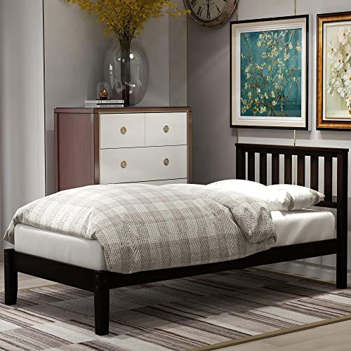 Twin Size Wood Bed Frame, Modern Style Platform Bed with Headboard & Footboard, Solid Wood Slat Support, No Box Spring Needed, Panel Bed Mattress Foundation for familys, Walnut