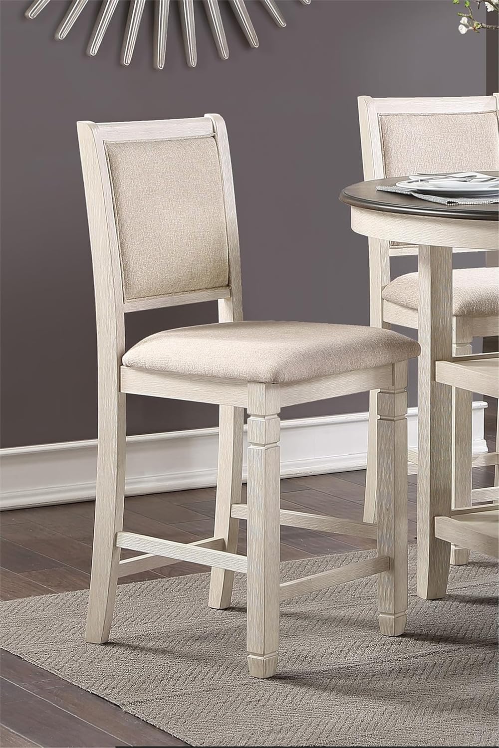Antique White Finish Wooden Counter Height Chairs 2Pcs Set Textured Fabric Upholstered Dining Chairs