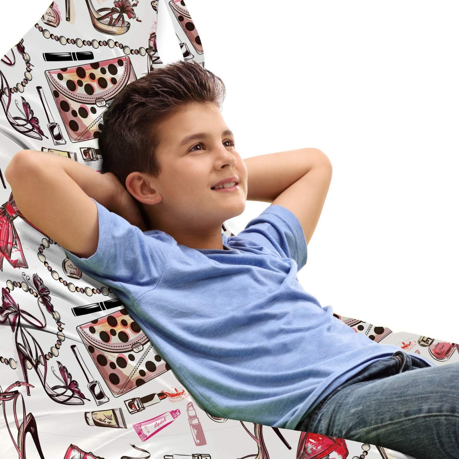 Ambesonne Fashion Lounger Chair Bag, Feminine Shoes Lipstic Perfume Accessory Items for Beauty Pattern Image, High Capacity Storage with Handle Container, Lounger Size, Black Pink Tan