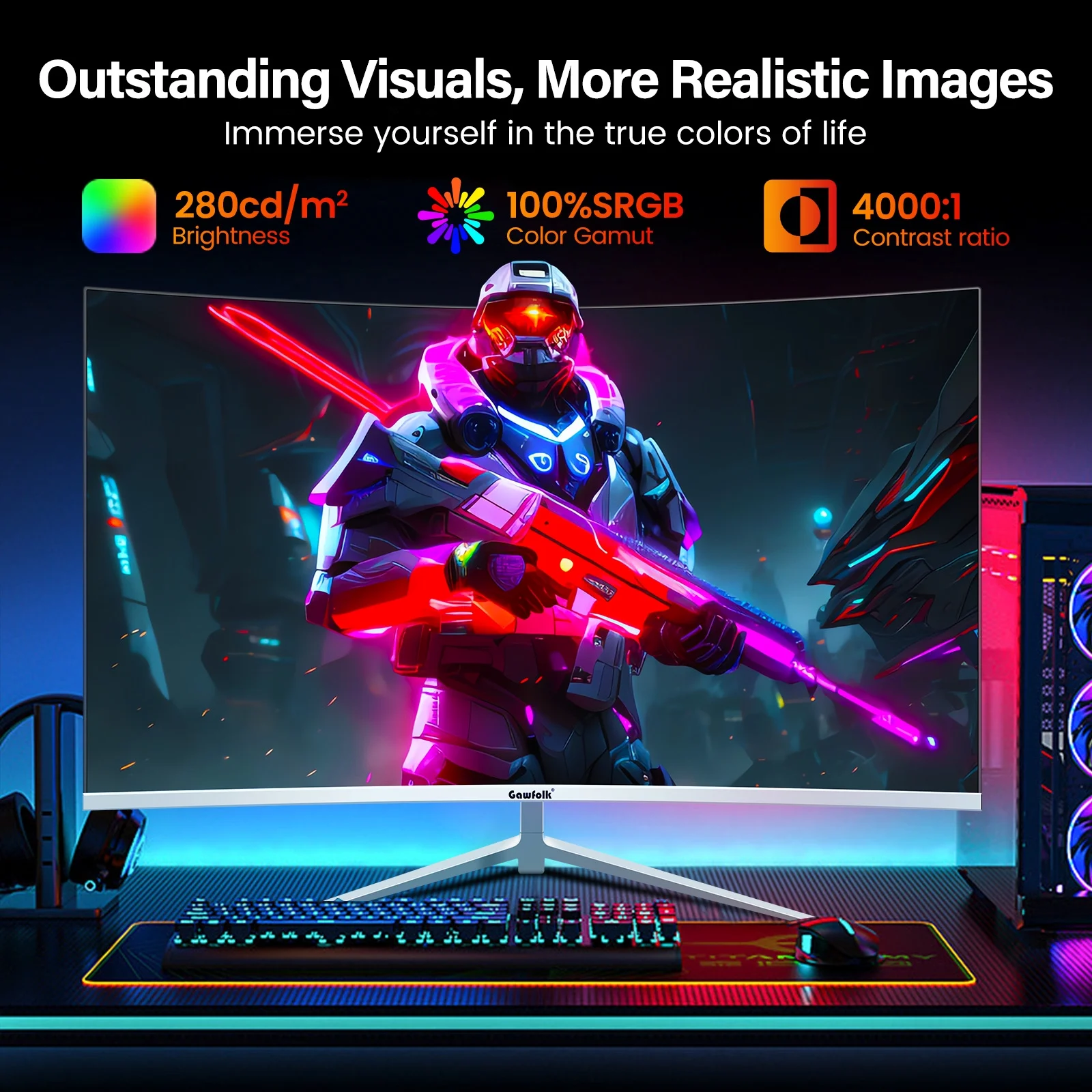 Gawfolk 27 inch Curved Monitor 100hz, PC White Computer Gaming Monitor FHD 1080P, 1800R, Frameless, Built-in Speakers