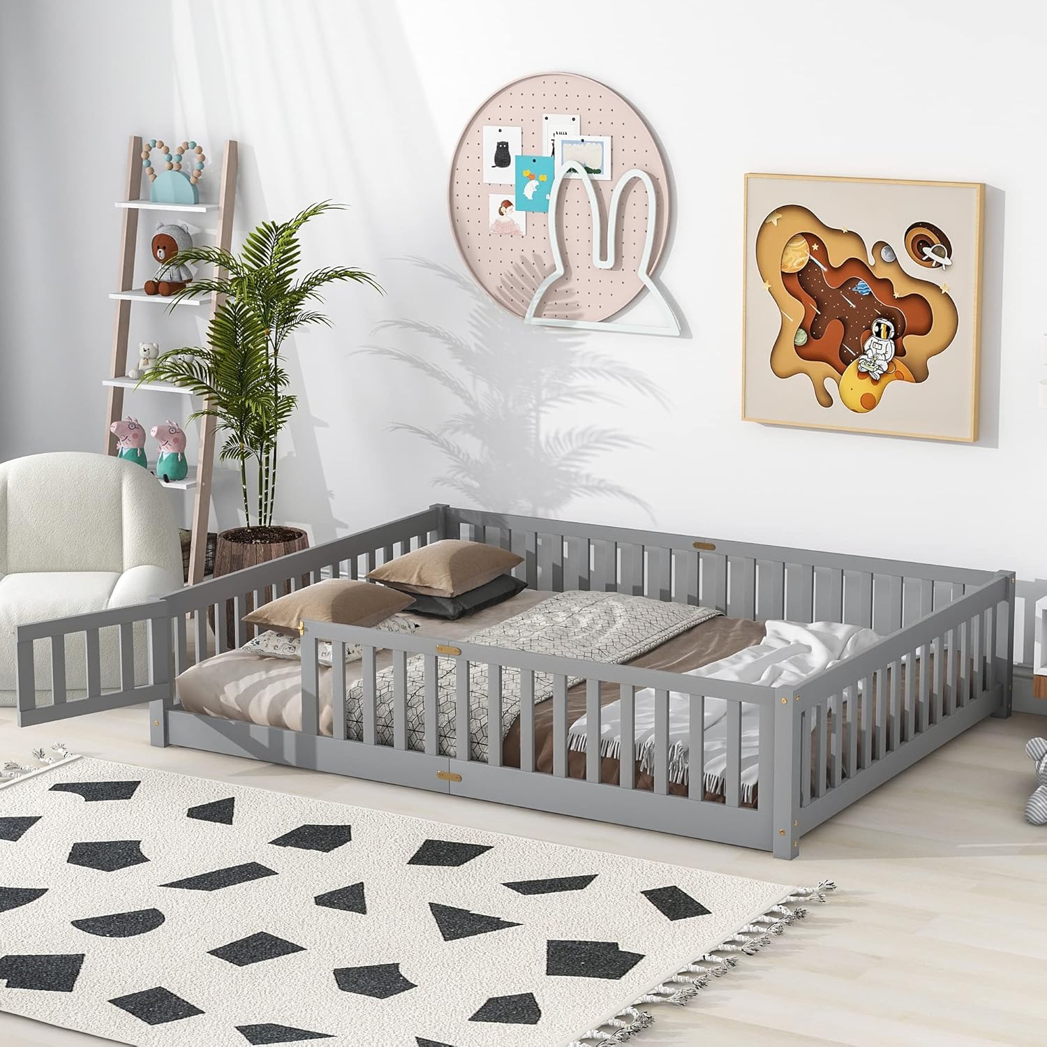 Bellemave Floor Bed Queen Size Montessori Bed Frame with Fence and Door, Wooden Queen Platform Bed for Kids, Boys Girls, Solid Wood Queen Bed, No Box Spring Needed (Grey)